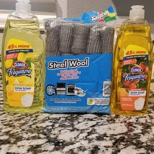 2 Clorox dish soap, 15 pieces of steel wool